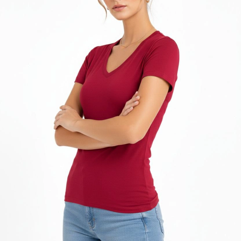 Kadın T-Shirt V Yaka Slim Fit Likralı Tişört Yazlık Basic Body - Kırmızı