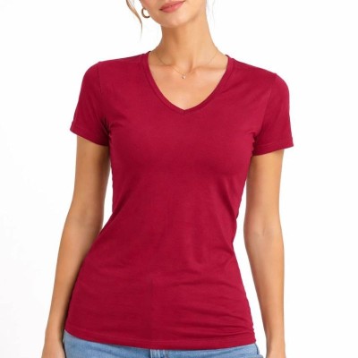 Kadın T-Shirt V Yaka Slim Fit Likralı Tişört Yazlık Basic Body - Kırmızı