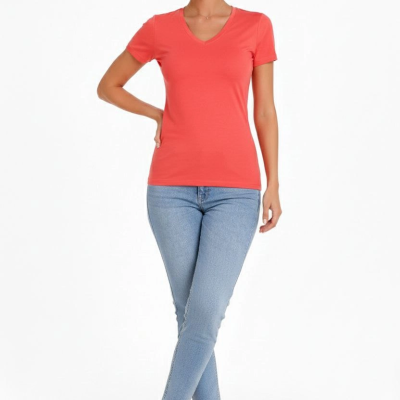 Kadın T-Shirt V Yaka Slim Fit Likralı Tişört Yazlık Basic Body - Nar Çiçeği