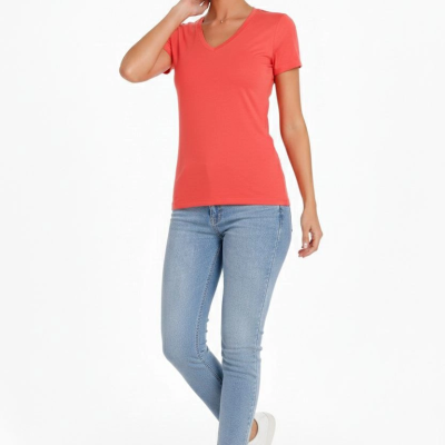 Kadın T-Shirt V Yaka Slim Fit Likralı Tişört Yazlık Basic Body - Nar Çiçeği