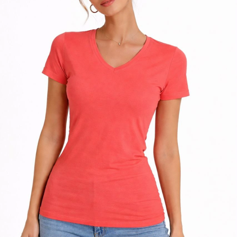 Kadın T-Shirt V Yaka Slim Fit Likralı Tişört Yazlık Basic Body - Nar Çiçeği