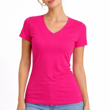 Kadın T-Shirt V Yaka Slim Fit Likralı Tişört Yazlık Basic Body - Pembe