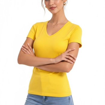 Kadın T-Shirt V Yaka Slim Fit Likralı Tişört Yazlık Basic Body - Sarı