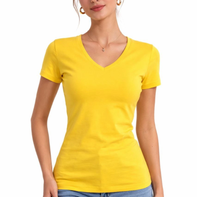 Kadın T-Shirt V Yaka Slim Fit Likralı Tişört Yazlık Basic Body - Sarı