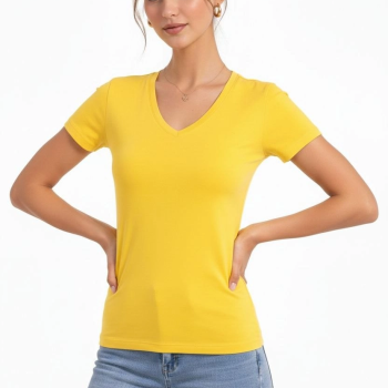Kadın T-Shirt V Yaka Slim Fit Likralı Tişört Yazlık Basic Body - Sarı