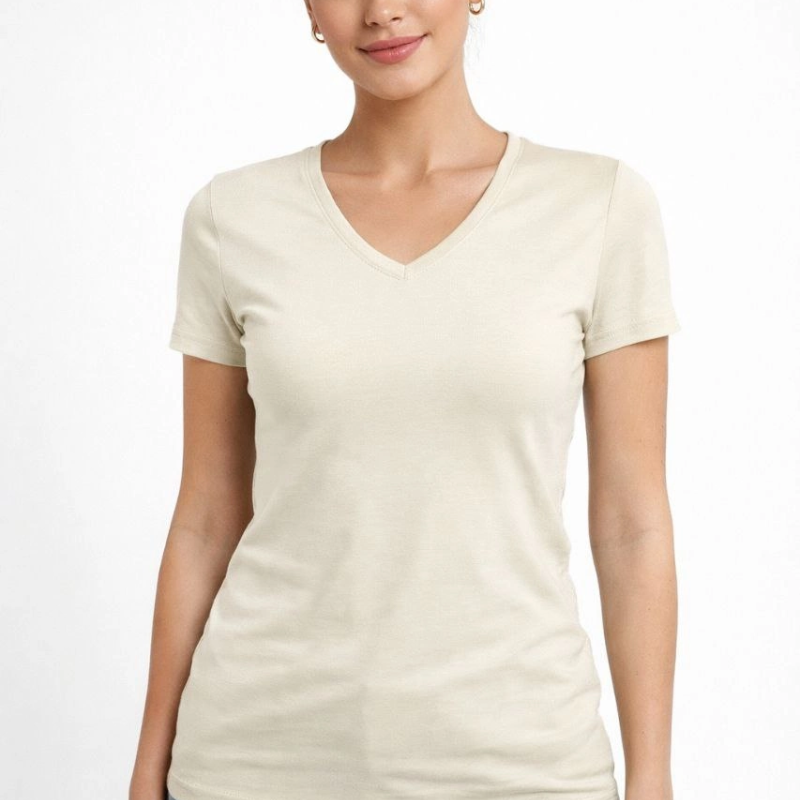 Kadın T-Shirt V Yaka Slim Fit Likralı Tişört Yazlık Basic Body - Taş