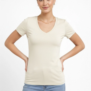 Kadın T-Shirt V Yaka Slim Fit Likralı Tişört Yazlık Basic Body - Taş