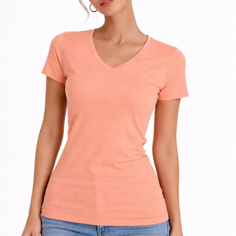 Kadın T-Shirt V Yaka Slim Fit Likralı Tişört Yazlık Basic Body - Toz Pembe
