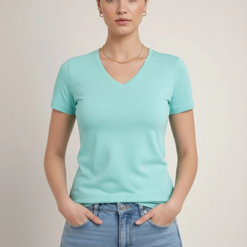 Kadın T-Shirt V Yaka Slim Fit Likralı Tişört Yazlık Basic Body - Turkuvaz