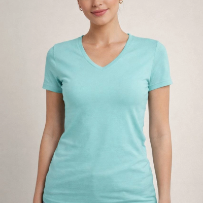 Kadın T-Shirt V Yaka Slim Fit Likralı Tişört Yazlık Basic Body - Turkuvaz