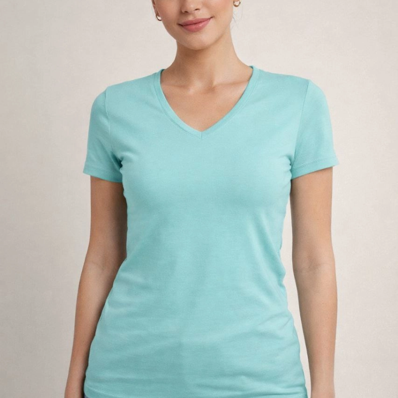Kadın T-Shirt V Yaka Slim Fit Likralı Tişört Yazlık Basic Body - Turkuvaz