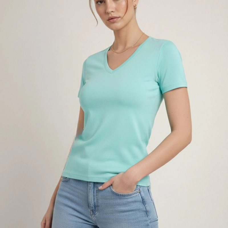 Kadın T-Shirt V Yaka Slim Fit Likralı Tişört Yazlık Basic Body - Turkuvaz