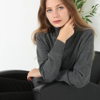 Kadın Tam Boğazlı Balıkçı Yaka Kazak Uzun Kol Düz Dokuma Triko - Füme