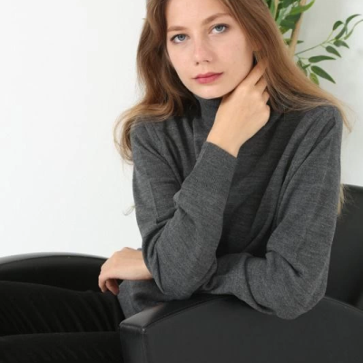 Kadın Tam Boğazlı Balıkçı Yaka Kazak Uzun Kol Düz Dokuma Triko - Füme