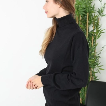 Kadın Tam Boğazlı Balıkçı Yaka Kazak Uzun Kol Düz Dokuma Triko - Siyah
