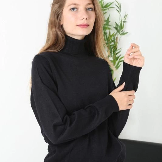 Kadın Tam Boğazlı Balıkçı Yaka Kazak Uzun Kol Düz Dokuma Triko - Siyah