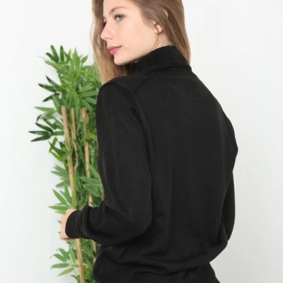 Kadın Tam Boğazlı Balıkçı Yaka Kazak Uzun Kol Düz Dokuma Triko - Siyah