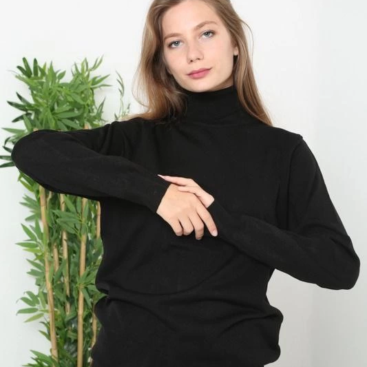 Kadın Tam Boğazlı Balıkçı Yaka Kazak Uzun Kol Düz Dokuma Triko - Siyah