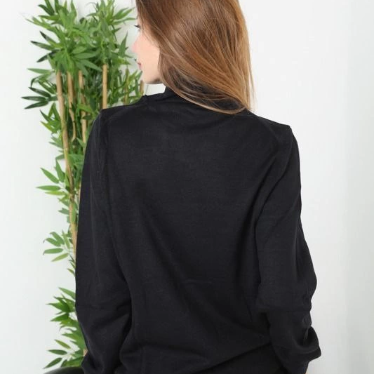 Kadın Tam Boğazlı Balıkçı Yaka Kazak Uzun Kol Düz Dokuma Triko - Siyah