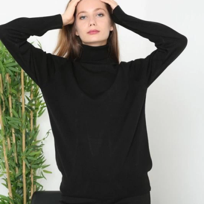 Kadın Tam Boğazlı Balıkçı Yaka Kazak Uzun Kol Düz Dokuma Triko - Siyah