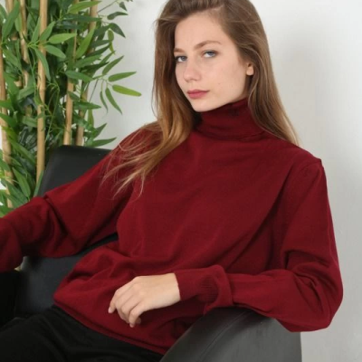 Kadın Tam Boğazlı Balıkçı Yaka Kazak Uzun Kol Düz Dokuma Triko - Siyah