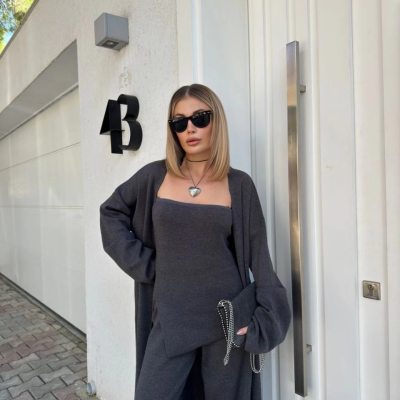 Kadın Triko 3 Parça Takım Straplez Üst Pantolon Uzun Hırka - Füme