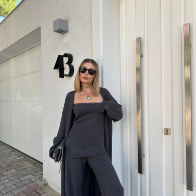 Kadın Triko 3 Parça Takım Straplez Üst Pantolon Uzun Hırka - Füme