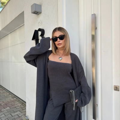 Kadın Triko 3 Parça Takım Straplez Üst Pantolon Uzun Hırka - Füme