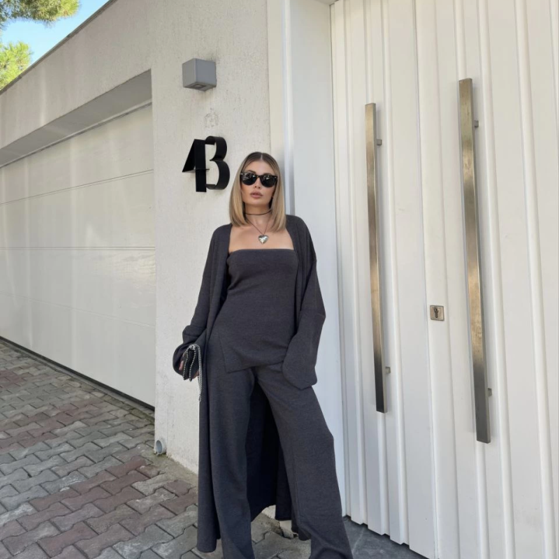 Kadın Triko 3 Parça Takım Straplez Üst Pantolon Uzun Hırka - Füme