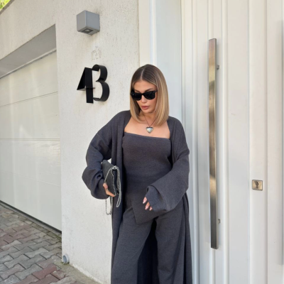 Kadın Triko 3 Parça Takım Straplez Üst Pantolon Uzun Hırka - Füme