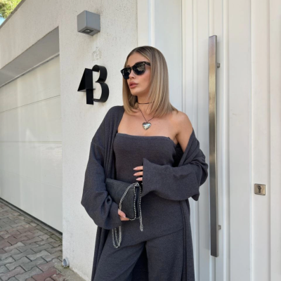 Kadın Triko 3 Parça Takım Straplez Üst Pantolon Uzun Hırka - Füme