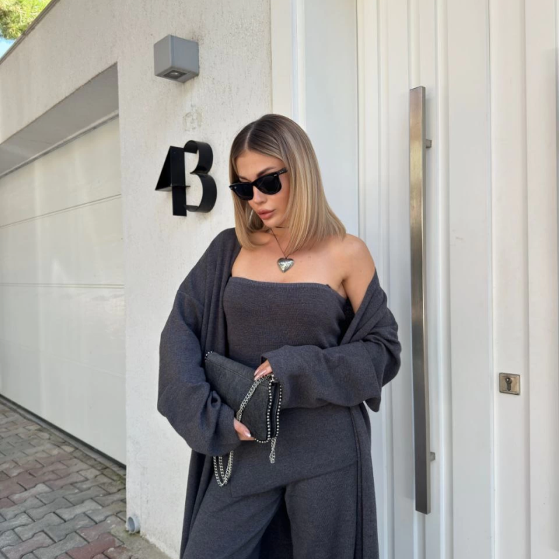 Kadın Triko 3 Parça Takım Straplez Üst Pantolon Uzun Hırka - Füme