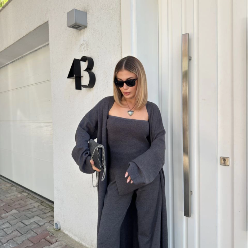 Kadın Triko 3 Parça Takım Straplez Üst Pantolon Uzun Hırka - Füme