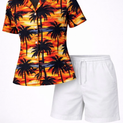 Kadın Tropikal Palmiye Desenli Gömlek Şort Takım Yazlık Rahat Kalıp - Desenli
