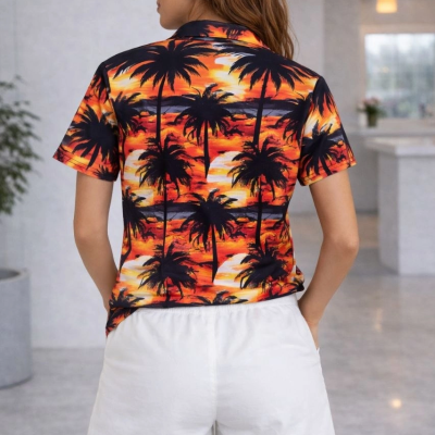 Kadın Tropikal Palmiye Desenli Gömlek Şort Takım Yazlık Rahat Kalıp - Desenli