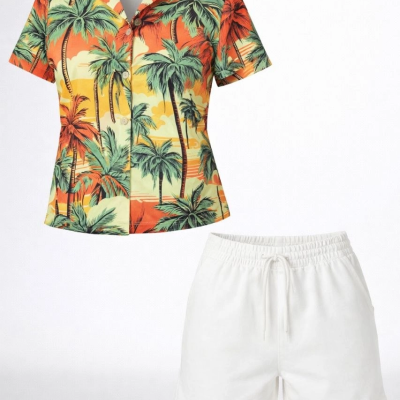 Kadın Tropikal Palmiye Desenli Kısa Kol Gömlek Şort Takım Yazlık Rahat - Desenli