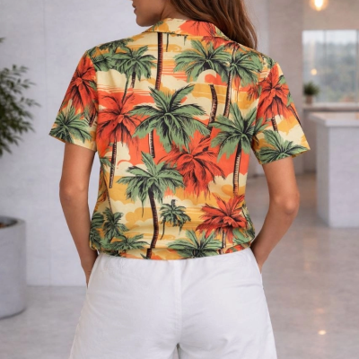 Kadın Tropikal Palmiye Desenli Kısa Kol Gömlek Şort Takım Yazlık Rahat - Desenli