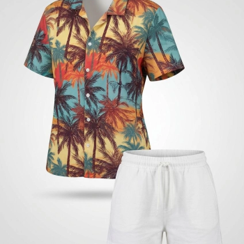 Kadın Tropikal Palmiye Desenli Kısa Kol Gömlek Şort Takım Yazlık Rahat Kalıp - Desenli