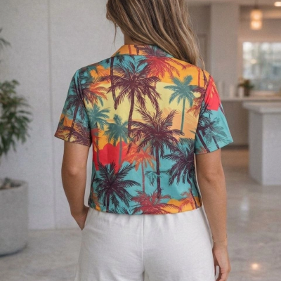 Kadın Tropikal Palmiye Desenli Kısa Kol Gömlek Şort Takım Yazlık Rahat Kalıp - Desenli