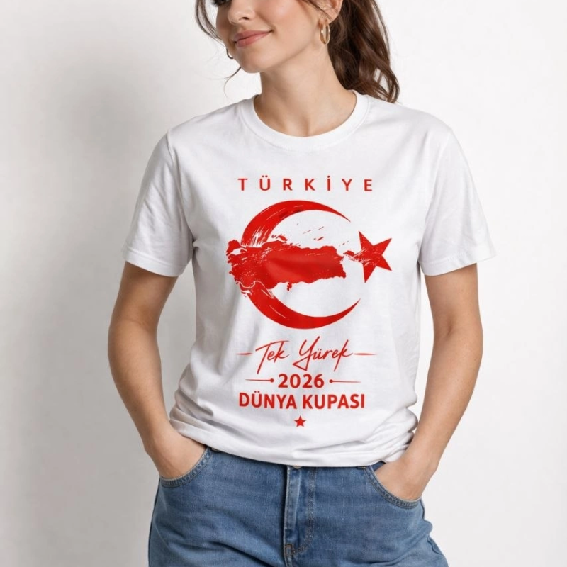 Kadın TÜRKİYE Ay Yıldız 2026 Dünya Kupasi Taraftar Forma T-Shirt - Beyaz