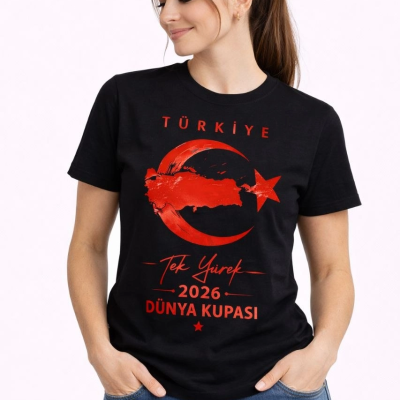 Kadın TÜRKİYE Ay Yıldız 2026 Dünya Kupasi Taraftar Forma T-Shirt - Siyah