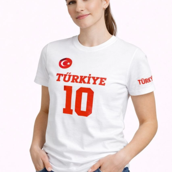 Kadın TÜRKİYE Ay Yıldız Baskılı 10 Numara Forma Tişört Taraftar T-Shirt - Beyaz