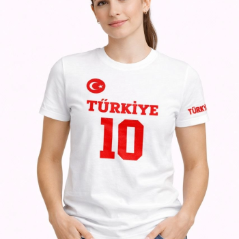 Kadın TÜRKİYE Ay Yıldız Baskılı 10 Numara Forma Tişört Taraftar T-Shirt - Beyaz