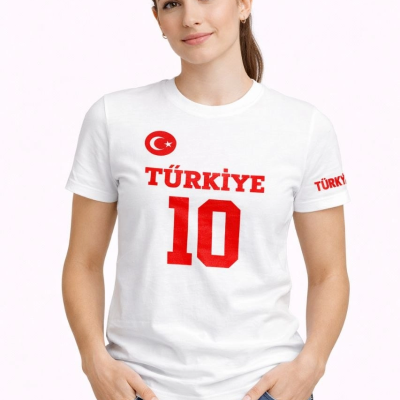 Kadın TÜRKİYE Ay Yıldız Baskılı 10 Numara Forma Tişört Taraftar T-Shirt - Beyaz