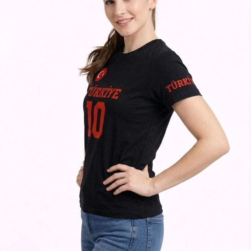Kadın TÜRKİYE Ay Yıldız Baskılı 10 Numara Forma Tişört Taraftar T-Shirt - Siyah