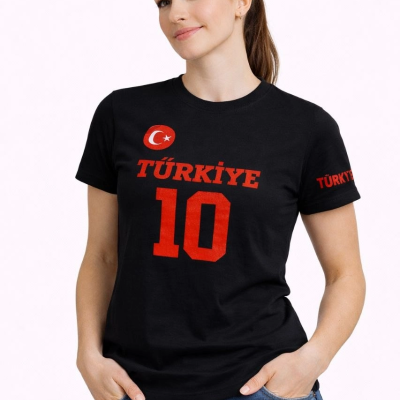 Kadın TÜRKİYE Ay Yıldız Baskılı 10 Numara Forma Tişört Taraftar T-Shirt - Siyah