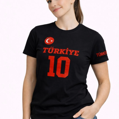 Kadın TÜRKİYE Ay Yıldız Baskılı 10 Numara Forma Tişört Taraftar T-Shirt - Siyah