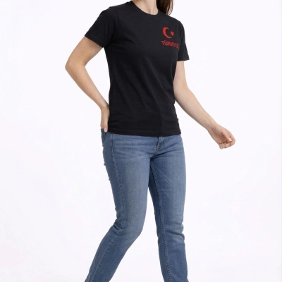 Kadın TÜRKİYE Ay Yıldız Baskılı Taraftar Forma T-Shirt - Siyah