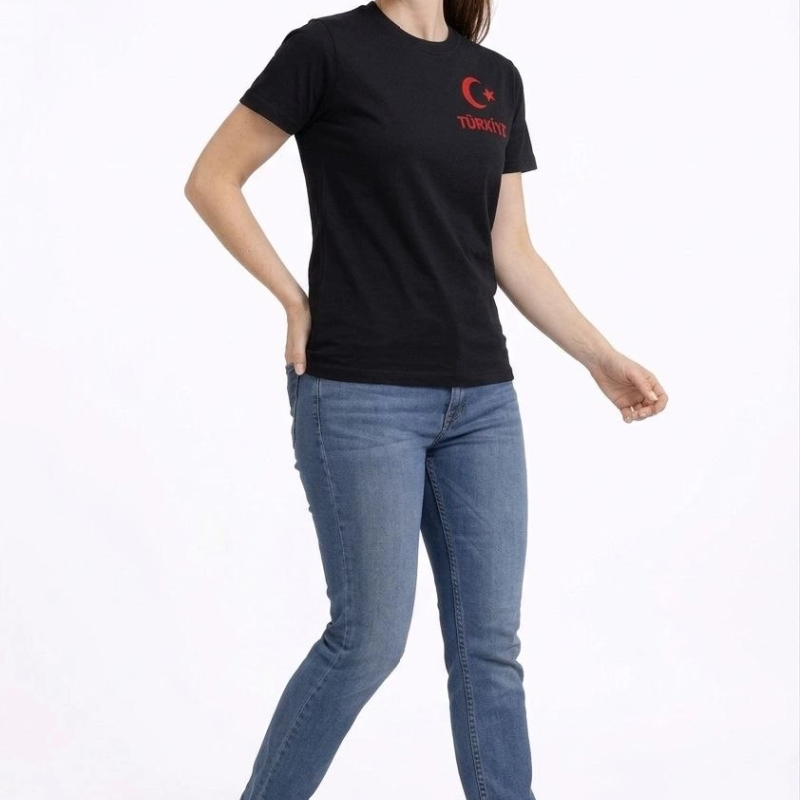 Kadın TÜRKİYE Ay Yıldız Baskılı Taraftar Forma T-Shirt - Siyah