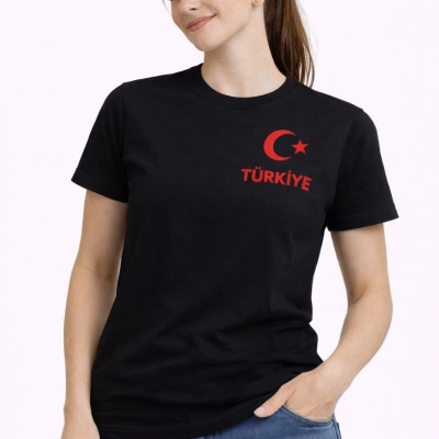 Kadın TÜRKİYE Ay Yıldız Baskılı Taraftar Forma T-Shirt - Siyah